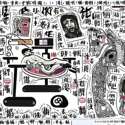 Image similar to chinese surgery operating table, in the style of daniel johnston and outsider art, 8k, line brush, overlaid with traditional chinese adverts