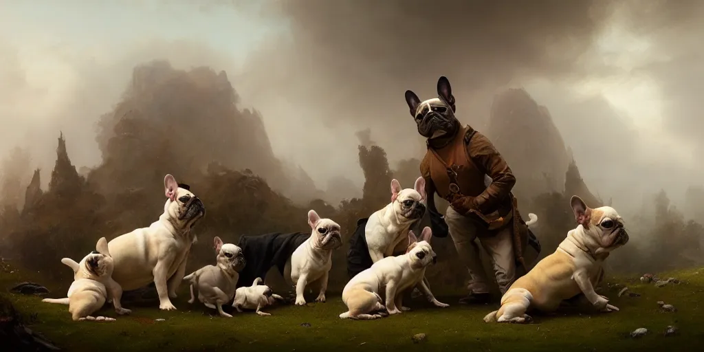 Prompt: a family of french bulldogs, mythology, extremely detailed digital painting, in the style of jheronimus bosch and ruan jia and jeremy lipking and peter mohrbacher, mystical colors, edge light, beautiful lighting, 4 k, stunning scene, ray tracing, octane, trending on artstation