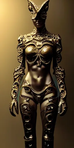 Image similar to a photo of a female in wearable sculpture art, ornate, metal works, intricate details, elegant, highly detailed, digital photography, artstation, glamor pose, concept art, smooth, sharp focus, art by artgerm and greg rutkowski, 3 d character, whole body, full body, film, photorealistic, unreal engine