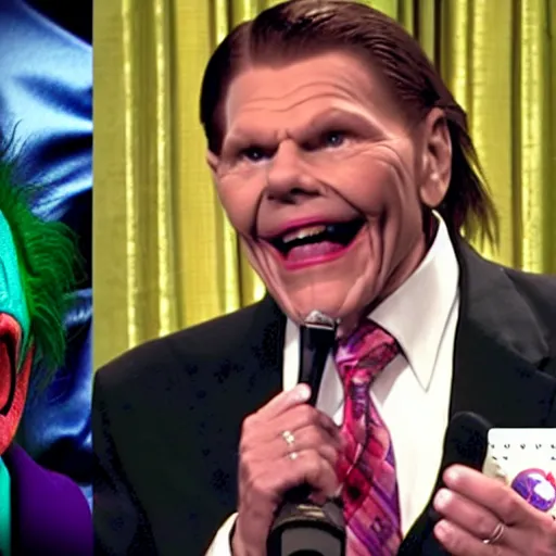 Prompt: pastor kenneth copeland cosplaying as the joker on his televangelisy megachurch pulpit