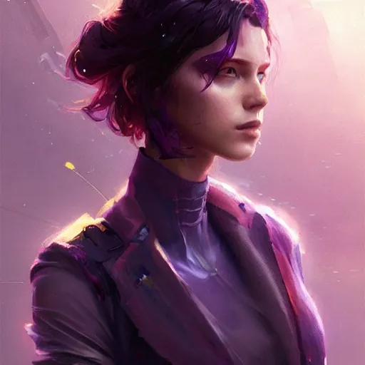 Prompt: very detailed masterpiece painting of a very beautiful caucasian young cyberpunk woman with dark purple hair, portrait, artstation, concept art by greg rutkowski