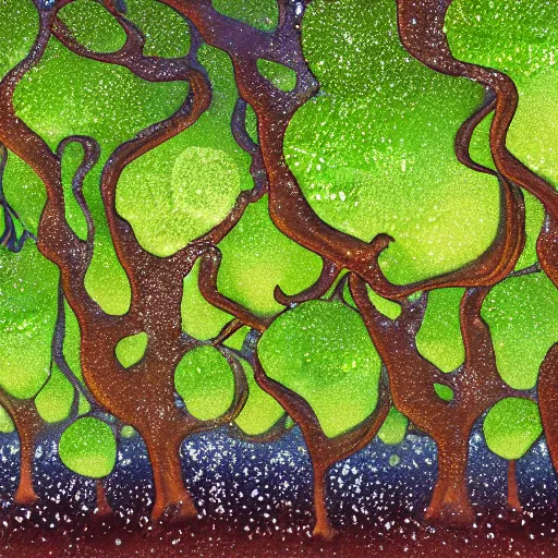 Prompt: surface of an alien planet with bubbly trees t