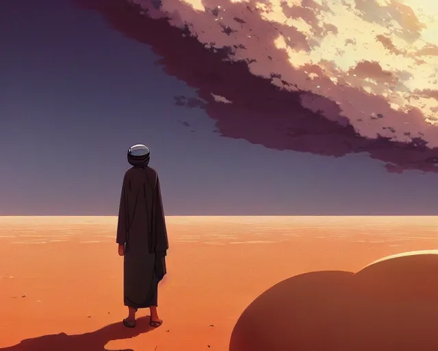 Image similar to an arab man in the desert with a storm, makoto shinkai, loish, studio ghibli