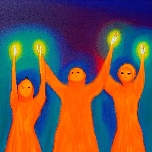 Image similar to a spiritual painting of three orange glowing people rising into the sky, wide angle, inspiring, beautiful, brightly colored, paranormal