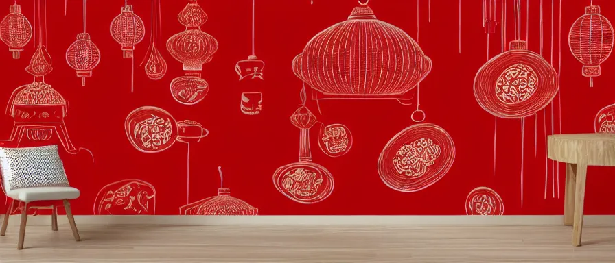 Image similar to a beautiful simple 4 k hd red wall paper illustration of roasted string hotpot, red wallpaper design, simple style, gourmet style, commercial kebab hotpot wallpaper display, wall painting, from china, with merchant logo, simple structure, surrealistic, chinese style, victo ngai, james jean, denoise, deblurring