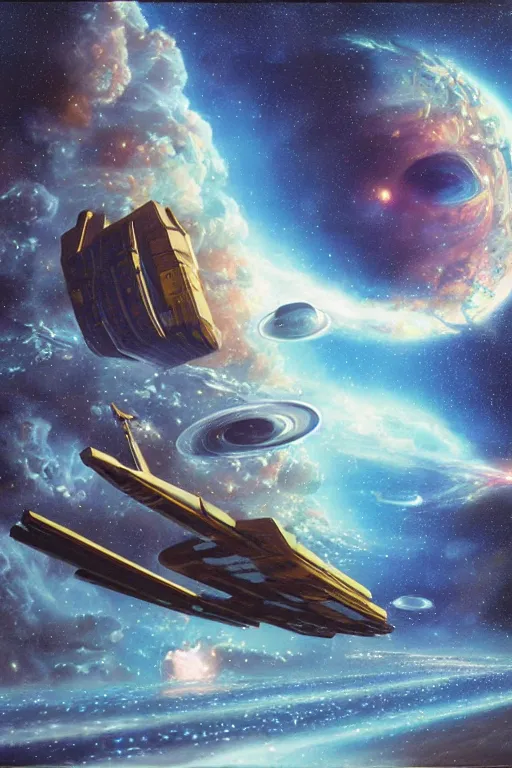 Prompt: science fiction novel cover art of a human freighter spaceship, military industrial style, beautiful space nebula background, sf, oil painting by barclay shaw and ken taylor, photorealistic, volumetric lighting, intricate details
