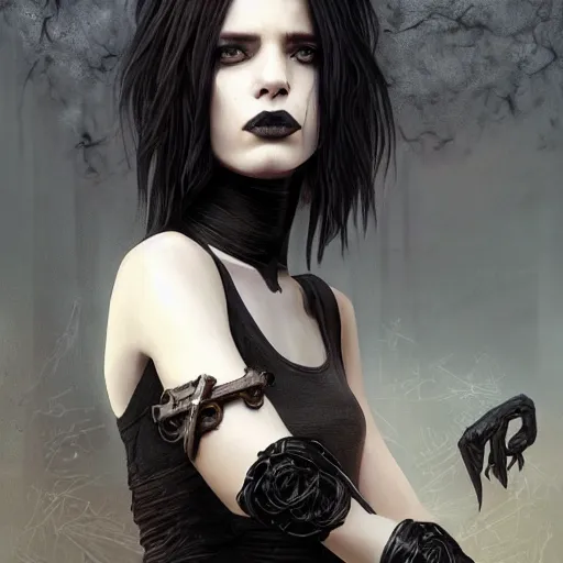 Prompt: portrait painting of an androgynous witch with shoulder length flowing black hair pale skin and beautiful dark brown eyes wearing a punk clothes, ultra realistic, concept art, intricate details, eerie, highly detailed, photorealistic, octane render, 8 k, unreal engine. art by artgerm and greg rutkowski and magali villeneuve