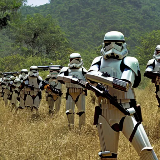 Image similar to star wars clone troopers combat soldiers in vietnam, photo, old picture, lush landscape, jungle, firearms, explosions, helicopters, aerial combat, active battle zone, flamethrower, air support, jedi, land mines, gunfire, violent, star destroyers, star wars lasers, sci - fi, jetpacks, agent orange, bomber planes, smoke, trench warfare