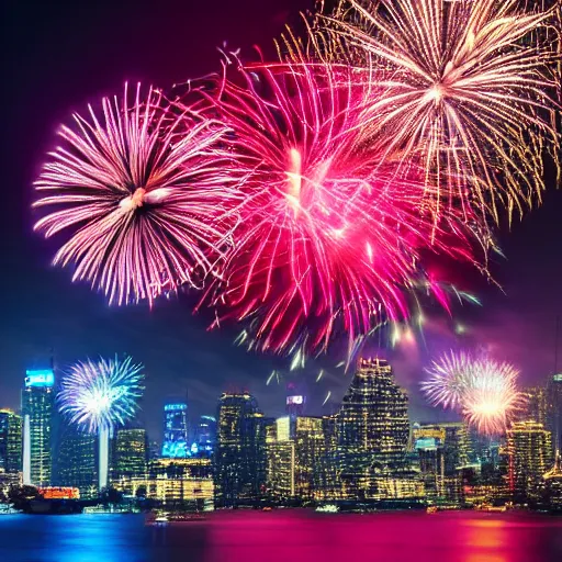 Image similar to fireworks light up the sky in a city wide display, night