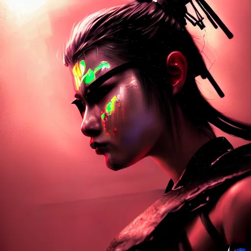 Image similar to An epic comic hyperrealistic cg painting of a cyber samurai girl, attractive, faces and details painted by painted by craig mullins, cyberpunk style color, heavy rainning at tokyo street night, neon lights all around, Matte painting, smoke, cinematic lighting, directional lights, corona render, arnold render, movie concept art, 8k, RPG portrait, Concept world, rim lights, phtotrealistic, hdri