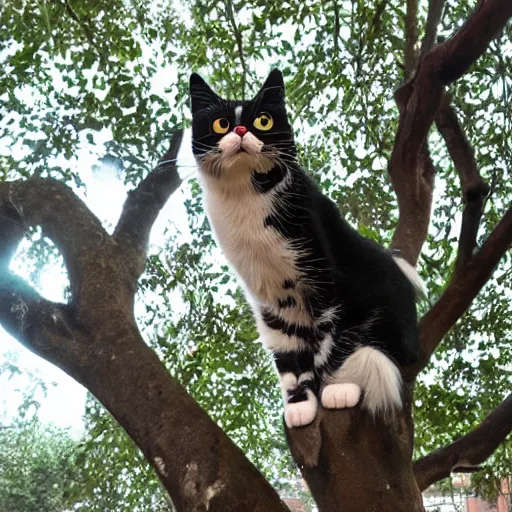 Image similar to mystic cat sitting on a tree and laughing on people that walk nearby