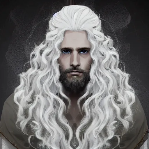 Prompt: portrait of Lucius the beautiful fantasy warlord, long fluffy platinum blond curly hair, clean and pretty, 8k, trending on artstation