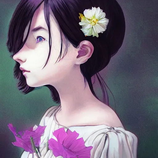 Image similar to little girl with flowers in hair wearing an white dress, art by ilya kuvshinov, profile picture, inspired in hirohiko araki, realistic, highly detailed