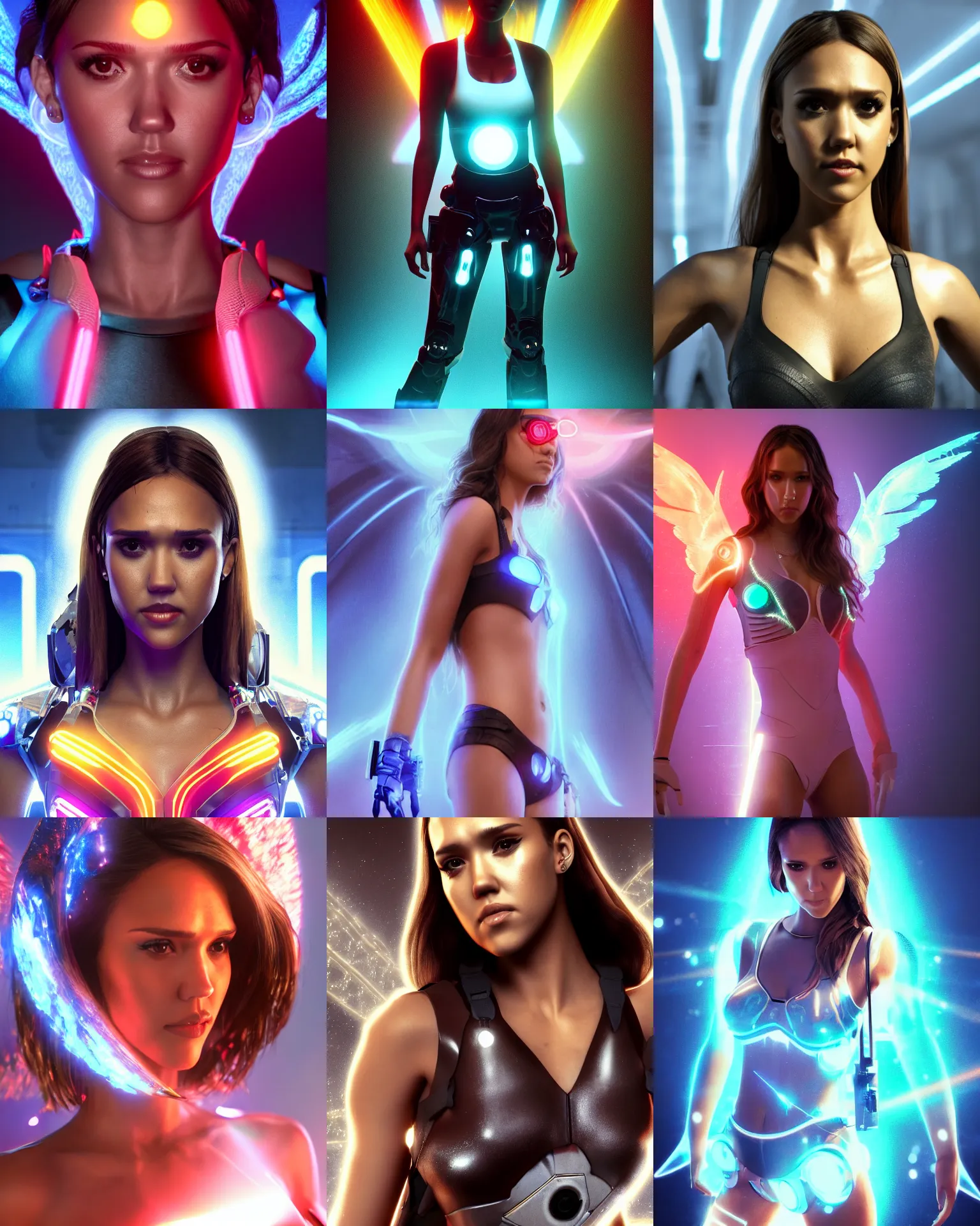 Prompt: jj abrams movie still full body portrait of young woman jessica alba as an edc rave angel girl cyborg in line at the dmv, octane render, anime, trending on artstation, unreal engine, volumetric lighting, concept art, sci-fi, photoreal, sweating, pouty face, looking at camera, symmetrical,