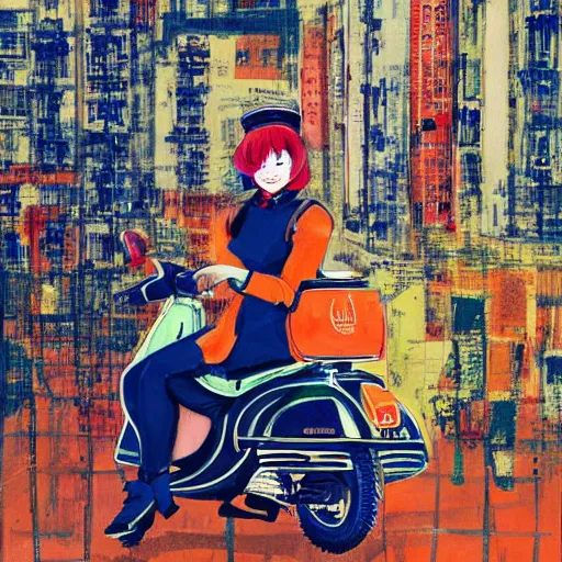Prompt: the orange - haired vespa queen in hong kong, by amiet kuno