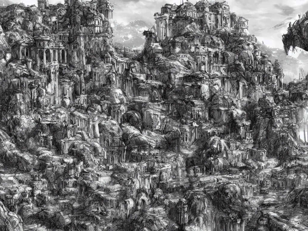 Image similar to concept art of looming crooked ancient town, artstation, ink, line art, black white, rolling hills, waterfall, river, overwhelming, extremely detailed, dominating palace with white walls on top of the hill center