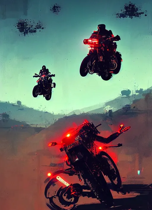 Image similar to sci - fi art, motorbikers race in hell, red peaks in the background, art by ismail inceoglu