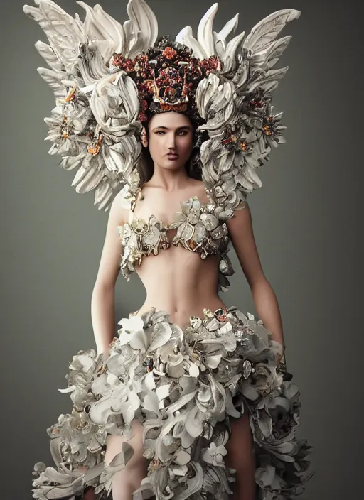 Prompt: full body environmental portrait photo of a goddess as angel, ornate headpiece made from flowers, ornaments, glamour shot by gemmy woud - binnendijk, chris knight, photorealistic, canon r 3, fashion photography, ornate, elegant, luxury and elite, symmetrical features, octane render, unreal engine, solid dark grey background, dramatic lights