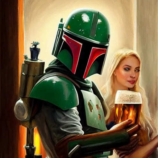 Image similar to Boba Fett and a beautiful young blonde drinking beer in a wine cellar, food, meat, schnapps, torches on the wall, romantic, inviting, cozy, painting by Vladimir Volegov