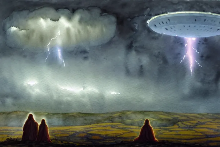 Prompt: a hyperrealist watercolor concept art of a giant ufo in the sky above gobekli tepe during a thunderstorm. a medieval child in grey robes is in the foreground. very muted colors, by rebecca guay, michael kaluta, charles vess. high detail, hq, wide shot, 4 k