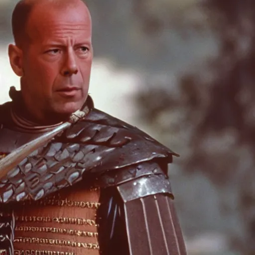 Image similar to Bruce Willis as samurai , film still,