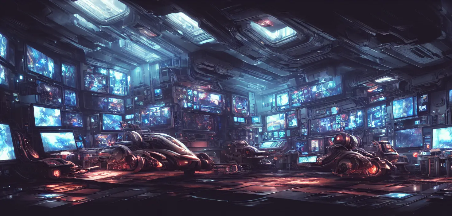 Image similar to a hyper detailed octane render concept art by xision wu, kerem beyit, sandara tang portrait of cyberpunk panel control spaceship room, dim lighting, detailed portraits, unreal engine 5, highly rendered, digital painting, hyper realistic, photorealistic, artstation, concept art, smooth, sharp focus perfect horizontal, symmetry illustration, detailed and intricate environment artstation hq