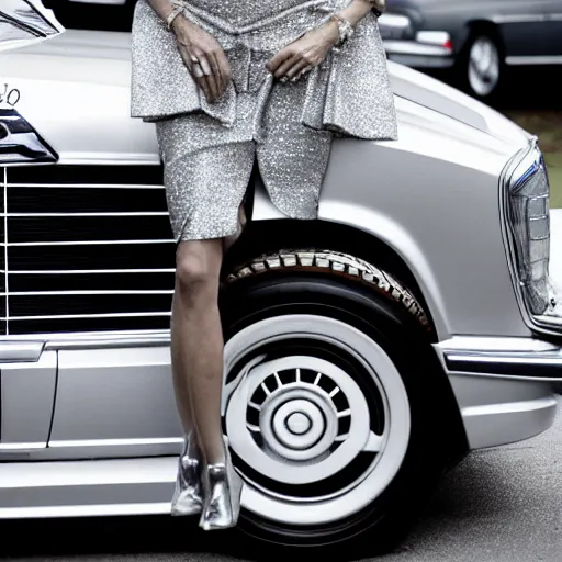 Prompt: award winning photograph of Princess Diana next to a silver Mercedes-Benz W140, Nikon D810, Sigma 35mm ƒ/2.5, award-winning, beautiful, photorealistic, detailed, portrait,