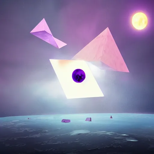 Image similar to destruction of the purple moon and the triangular cube, dramatic, artstation, digital art, 4 k