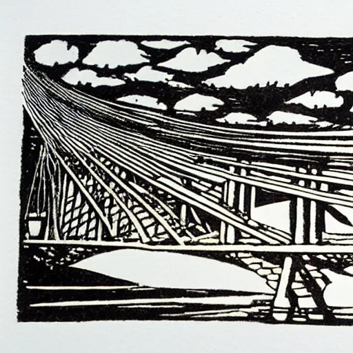 Image similar to small steel suspension bridge built in 1 9 2 8, side view, puffy clouds in background, uap floating in the sky, woodcut style, rubber stamp, 8 k