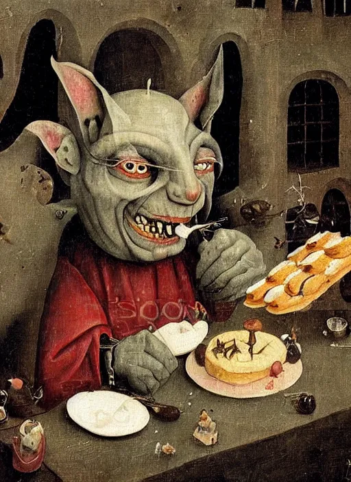 Image similar to medieval goblin eating cakes painted by hieronymus bosch, detailed digital art, trending on Artstation