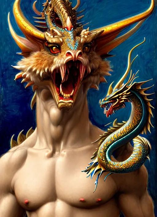 Image similar to artstation, intricate details, hyper details, by gaston bussiere and sandro botticelli, cute anthropomorphic blue dragon husband, snarling, furry