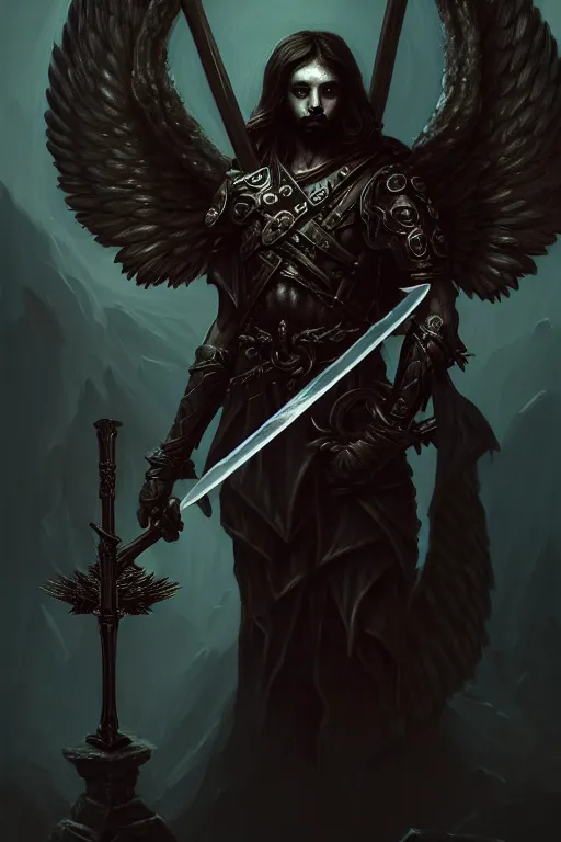 Image similar to fantasy dark art, portrait of fallen man angel kneeling with a sword and shield and wings, close-up, bokeh. dark art masterpiece artstation. 8k, sharp high quality illustration in style of Jose Daniel Cabrera Pena and Leonid Kozienko, concept art by Tooth Wu, studio lighting