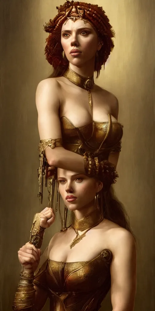 Image similar to the portrait of scarlett johansson as amazon in intricate dress by roberto ferri, fantasy, witcher, very detailed oil painting, masterpiece, 8 k