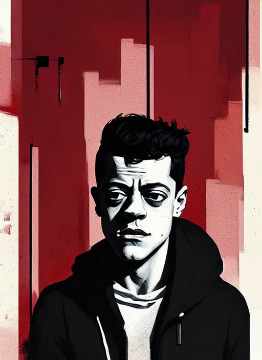 Image similar to highly detailed moody portrait of rami malek, elliot anderson, black hoody by atey ghailan, by greg rutkowski, by greg tocchini, by james gilleard, by joe fenton, by kaethe butcher, gradient red, black and white color scheme, grunge aesthetic!!! ( ( graffiti tag wall background ) )