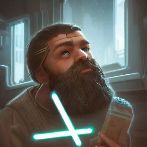 Prompt: Ultrarealistic illustration bearded jedi working on legos, cyberpunk, sci-fi fantasy,intricate,elegant,highly detailed, digital painting, artstation, concept art