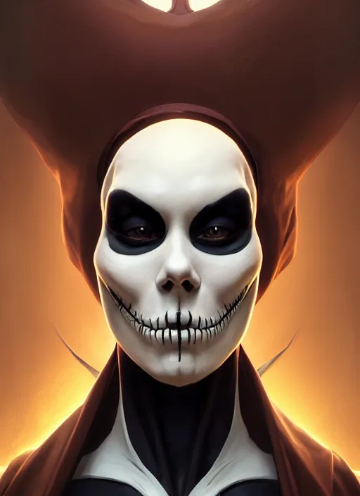 Image similar to symmetry, concept art by artgerm, distance portrait of a hyper realistic, frowning, sad jack skellington by greg rutkowski, alphonse mucha, octane render, highly detailed, high quality, 8 k, soft lighting, path traced, and uang guangjian and gil elvgren, symmetry!!