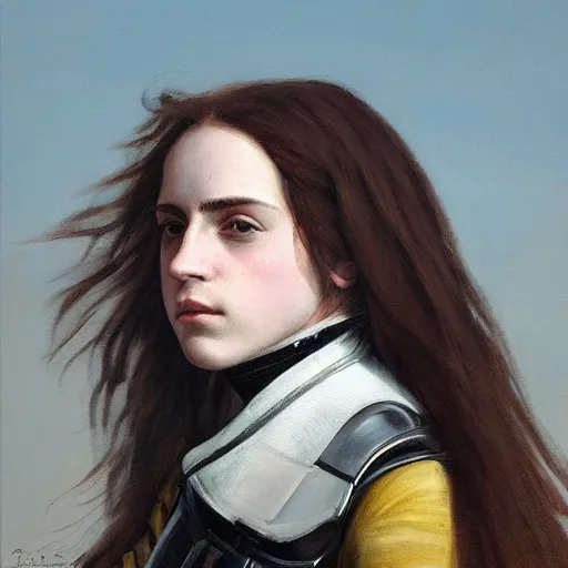 Image similar to a realistic painting by Gustave Courbet depicting the Kamen Rider Femme with the head of the symbiotic Emma Watson in the Renaissance,smooth,Sharp focus,high detailed,high resolution,fine art, trending on Artstation.