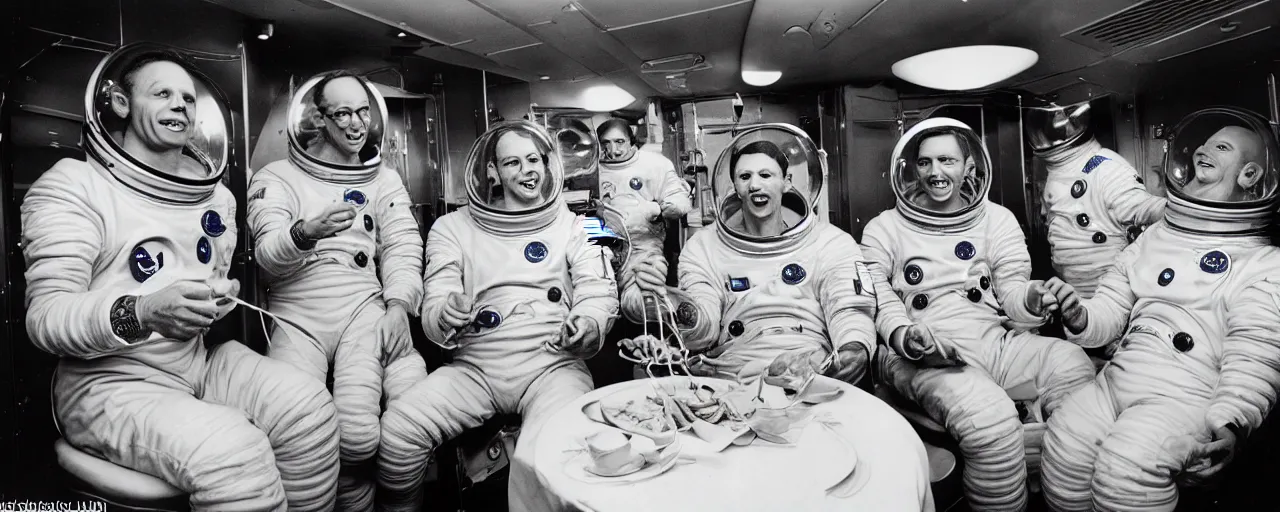 Image similar to 1 9 6 0's astronauts eating spaghetti on their way to the moon, ultra - realistic faces, fine detail, anon 5 0 mm, in the style of diane arbus, in the style of wes anderson, kodachrome, retro