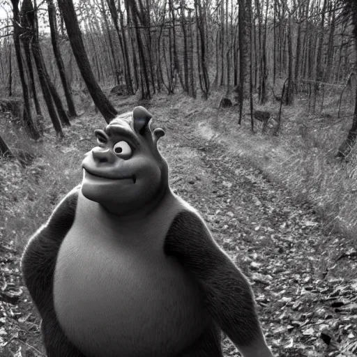 Prompt: shrek b & w trail cam, scary, found footage