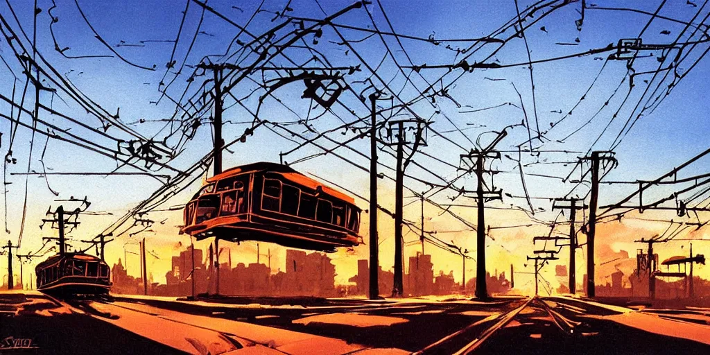 Image similar to post apocalyptic wasteland overhead wires telephone poles sunset clouds sky streetcar tram subway tunnel illustration by syd mead