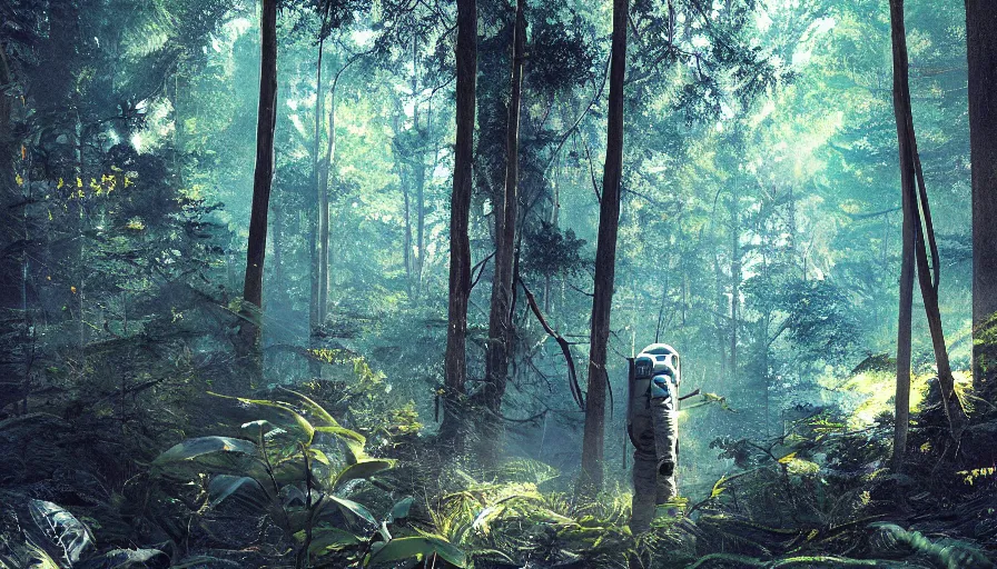 Image similar to american astronaut in the forest, plants environment, wide angle, cinematic lighting, atmospheric, realistic, octane render, highly detailed, in the style of craig mullins