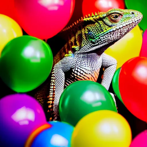 Image similar to Hillary Clinton lizard looking at brightly colored balloons, photo, detailed, 4k