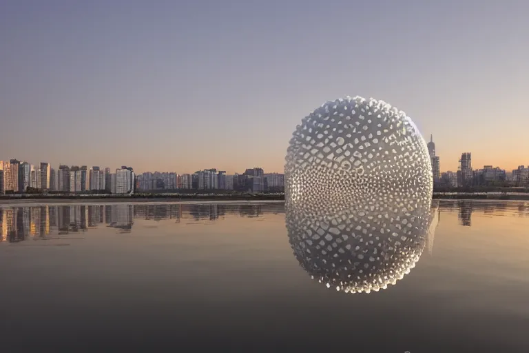 Image similar to a building formed by the spatial arrangement and combination of many multi white spherical soap bubbles, on the calm lake surface, people's perspective modern curved architecture, future, award winning, highly detailed 4 k art, dusk, by kazuyo sejima
