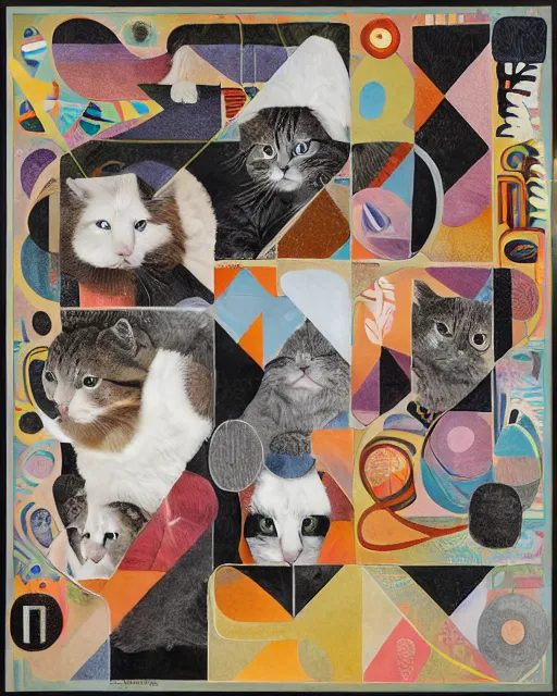 Image similar to a tribe of fluffy cats interweaved hide and seek within an geometric collage art, by Hannah af Klint, Henriëtte Ronner-Knip and Felipe Pantone, theosophy series 4K detailed kitsch and typographic annotation, rule of thirds