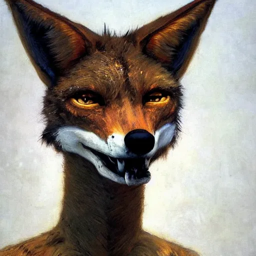 Prompt: furry anthro anthropomorphic portrait of a coyote head animal person fursona standing in a plain white room digital art by Nerdrum John, William Waterhouse, Winslow Homer, Alex Heywood, Jordan Grimmer, Darren Quach, Greg Rutkowski, Simon Stalenhag, trending on Artstation, CGSociety