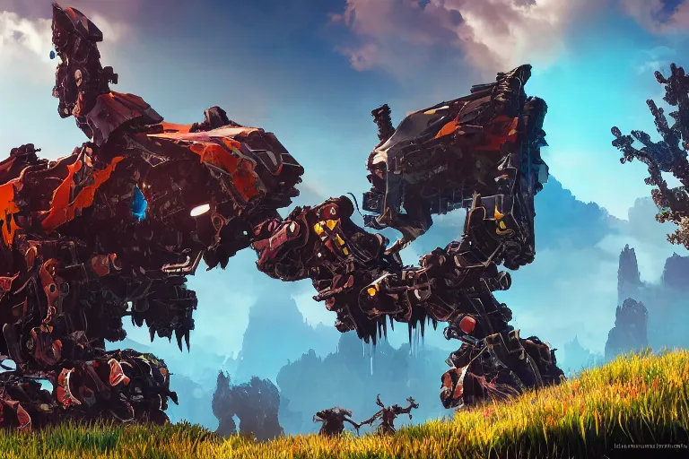 Image similar to behemoth machine mecha animal beast robot of horizon forbidden west horizon zero dawn bioluminiscence global illumination ray tracing hdr fanart arstation by sung choi and eric pfeiffer and gabriel garza and casper konefal