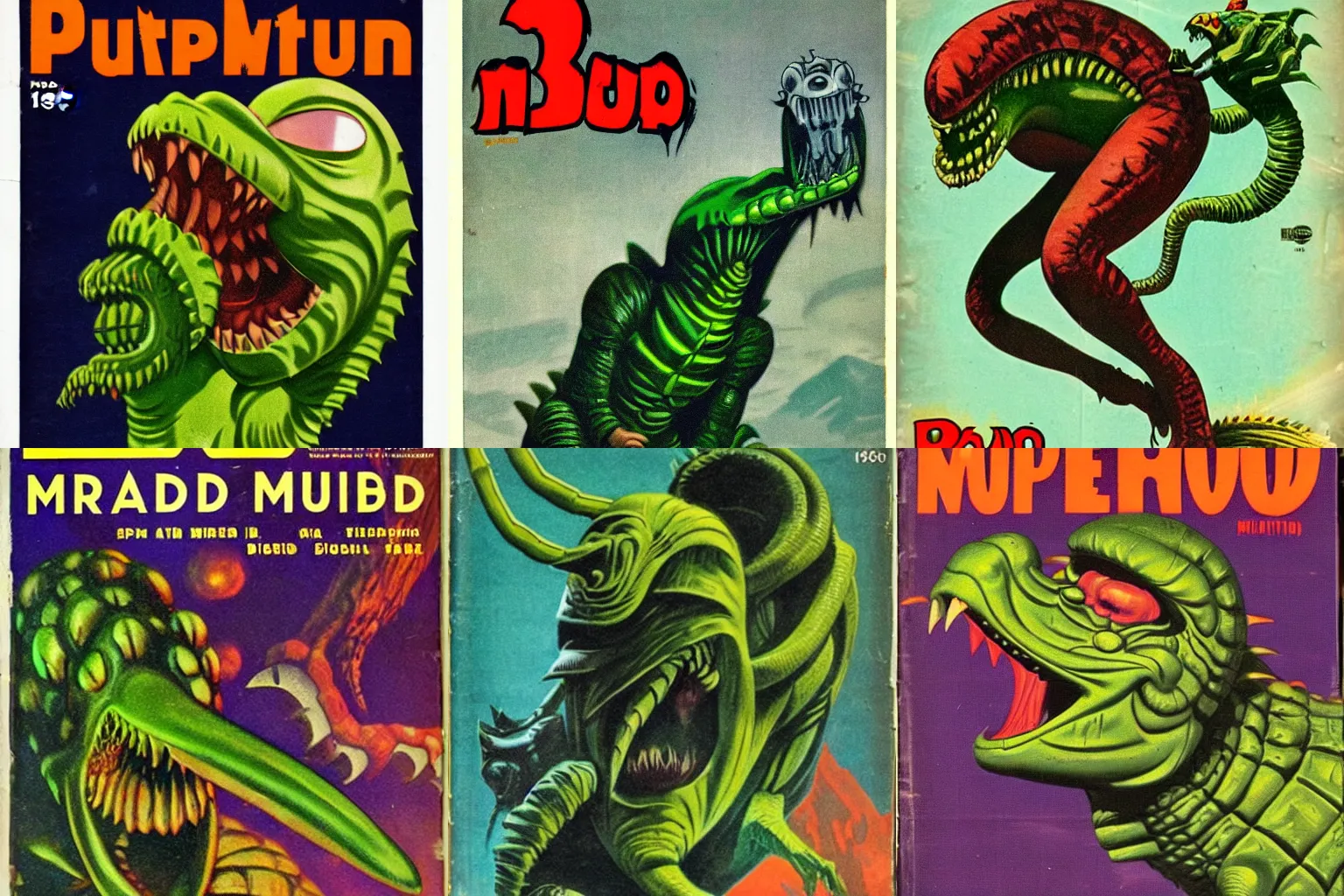 Prompt: 1960 vintage horror pulp magazine cover depicting Kraid from Metroid