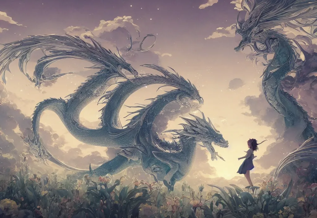 Prompt: the beautiful hyper detailed scene render that a lonely single beautiful girl lies in the arms of a huge silver dragon alone in the fairyland surrounded by white clouds, in the style of makoto shinkai victo ngai and peter mohrbacher studio ghibli artgerm karol bak beeple, cinematic, beautiful dream, ultra wide angle, animation style, 8 k hd