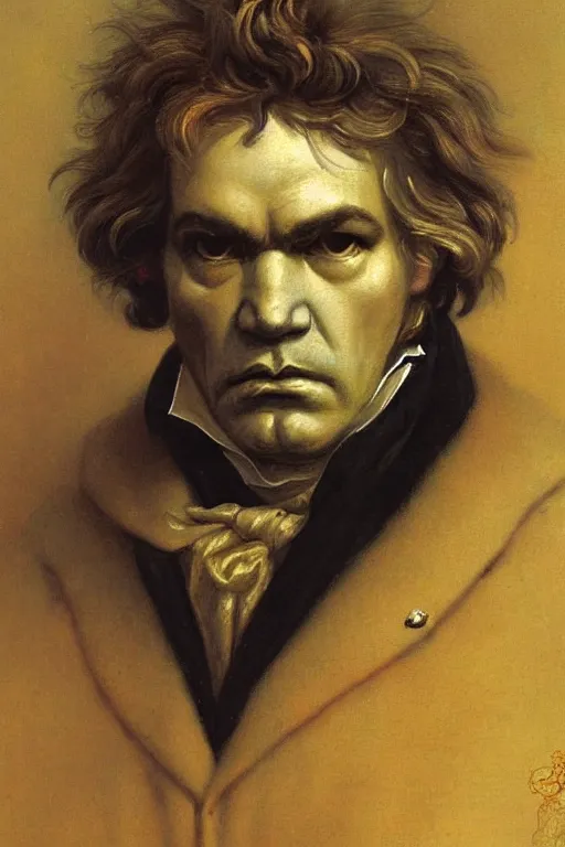 Image similar to a portrait of beethoven by wayne barlowe, gustav moreau, goward,  Gaston Bussiere and roberto ferri, santiago caruso, and austin osman spare, ((((occult art))))