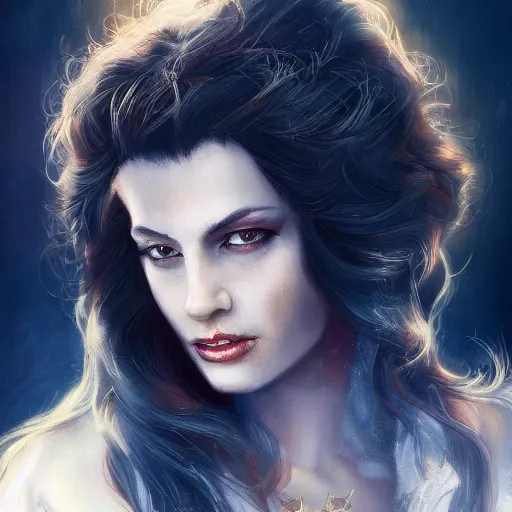 Image similar to majestic gracious regal aristocratic brunette female vampire portrait, atmospheric lighting, painted, menacingly bearing fangs, intricate, volumetric lighting, beautiful, rich deep colours masterpiece, golden hour, sharp focus, ultra detailed, by leesha hannigan, ross tran, thierry doizon, kai carpenter, ignacio fernandez rios